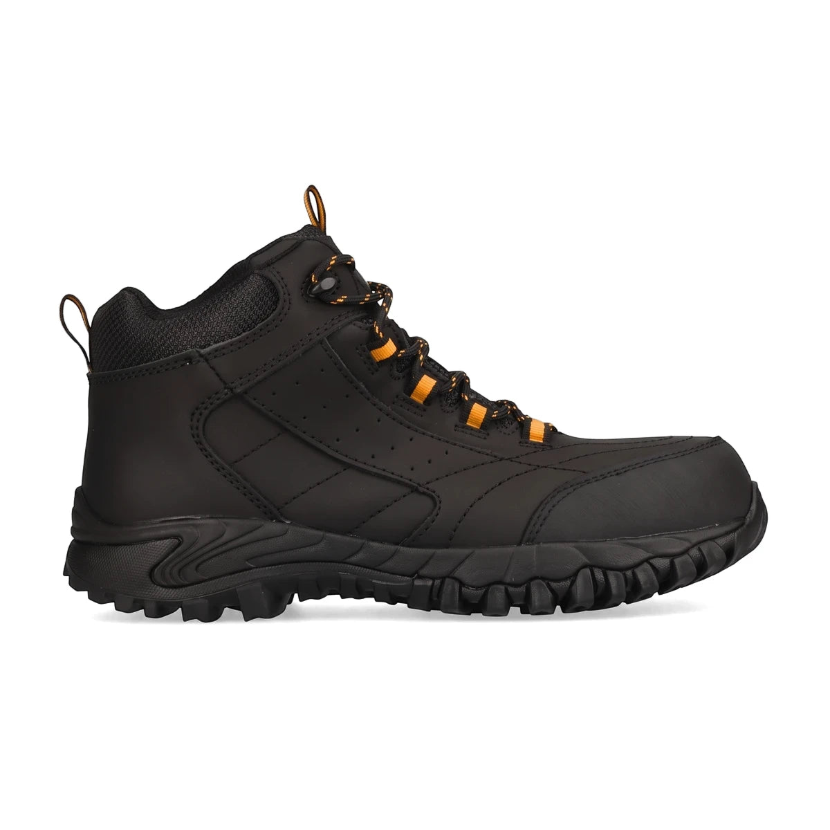 Rebel Chemitrak S3 Chemical Resistant Safety Boot in black, featuring a mid-cut design, orange laces, and a rugged sole,
