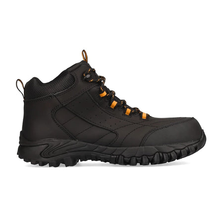 Rebel Chemitrak S3 Chemical Resistant Safety Boot in black, featuring a mid-cut design, orange laces, and a rugged sole,