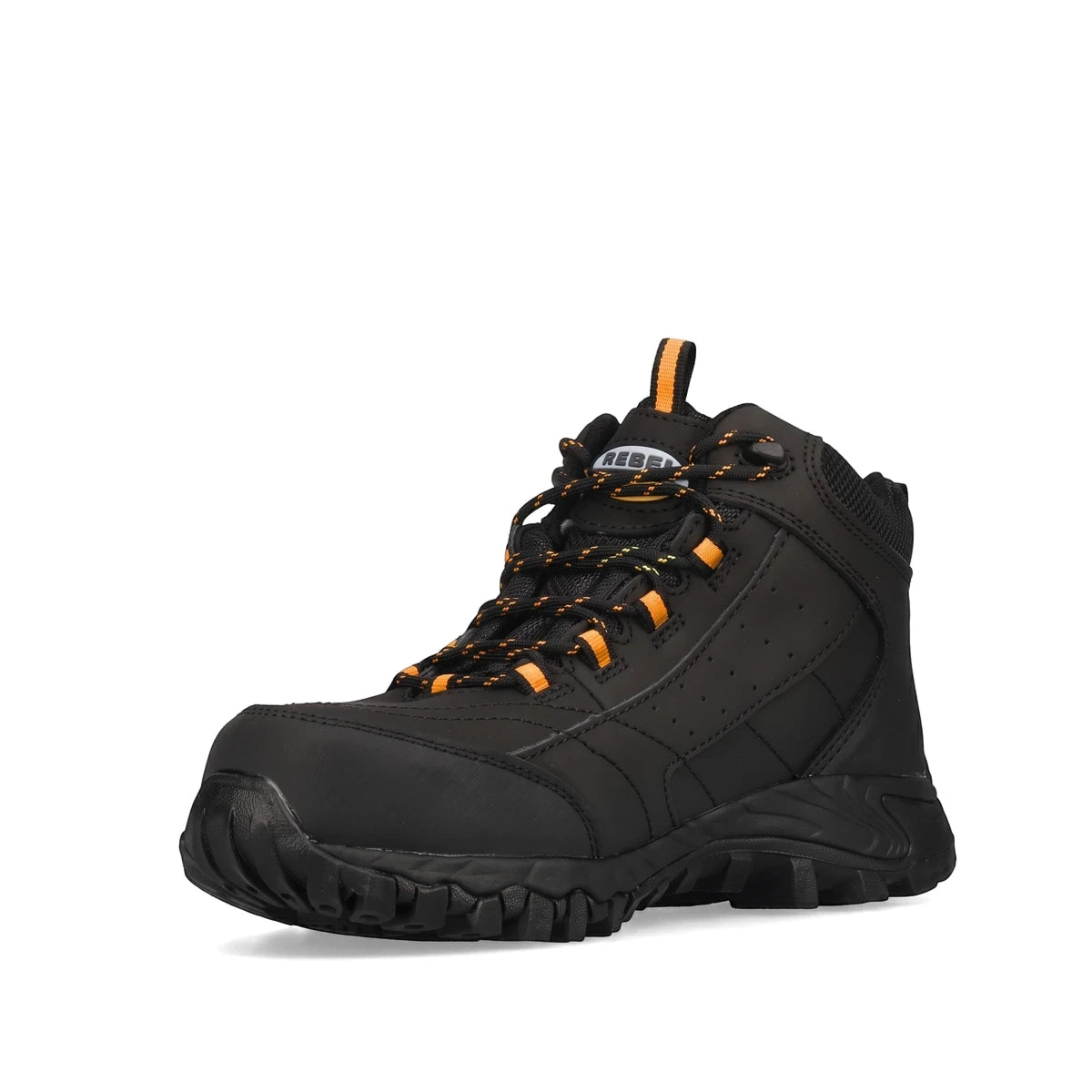 Rebel Chemitrak S3 Chemical Resistant Safety Boot in black, featuring orange laces and a durable sole, presented on a clean