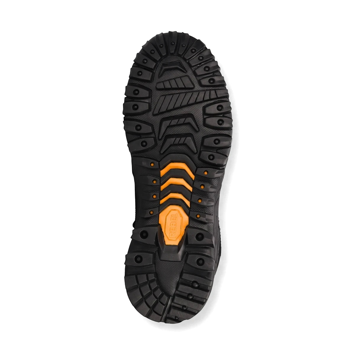 Black and orange Rebel Chemitrak S3 chemical resistant safety boot, showing the rugged sole with anti-slip tread pattern.