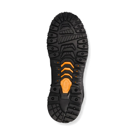 Black and orange Rebel Chemitrak S3 chemical resistant safety boot, showing the rugged sole with anti-slip tread pattern.