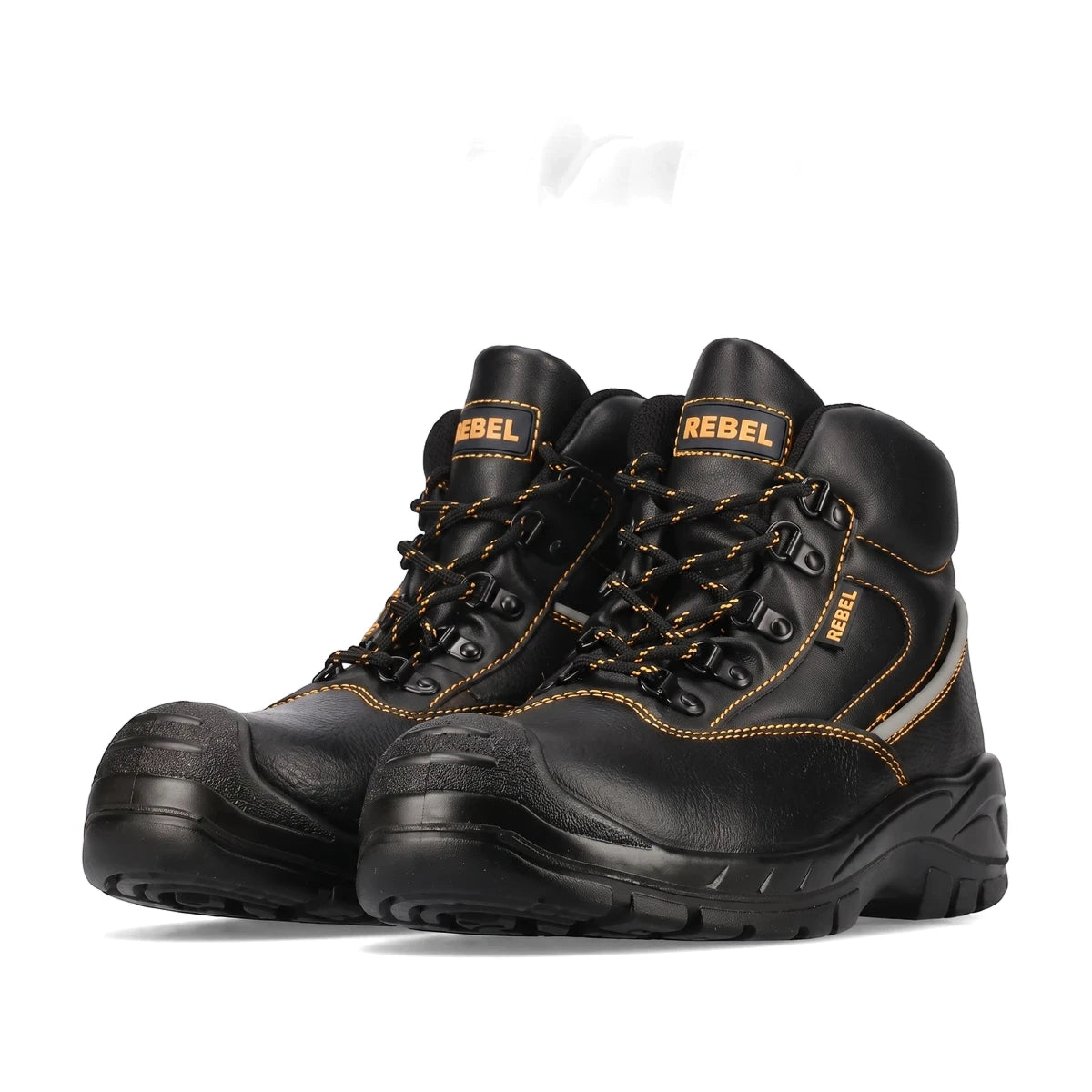 A pair of black Rebel Chukka safety boots with yellow branding, stitching, and speckled laces, displayed together.