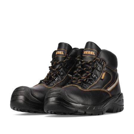 Pair of black Rebel Chukka safety boots with yellow stitching and laces, shown from a slightly angled view.