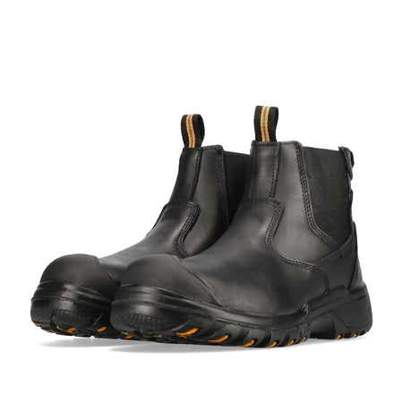 Pair of Rebel Crazy Horse black leather pull-on safety boots with reinforced toe and orange sole accents, for workwear.