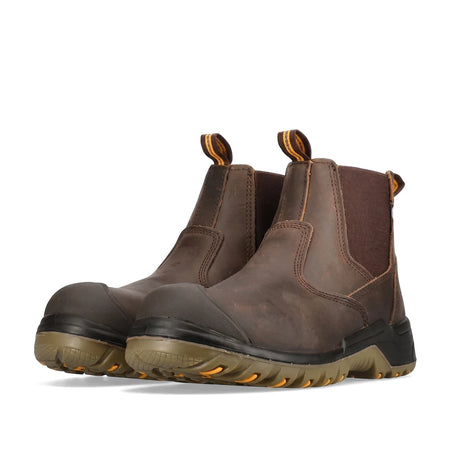 Pair of dark brown Rebel Crazy Horse safety boots with black toe caps, olive-green soles, and yellow pull tabs.