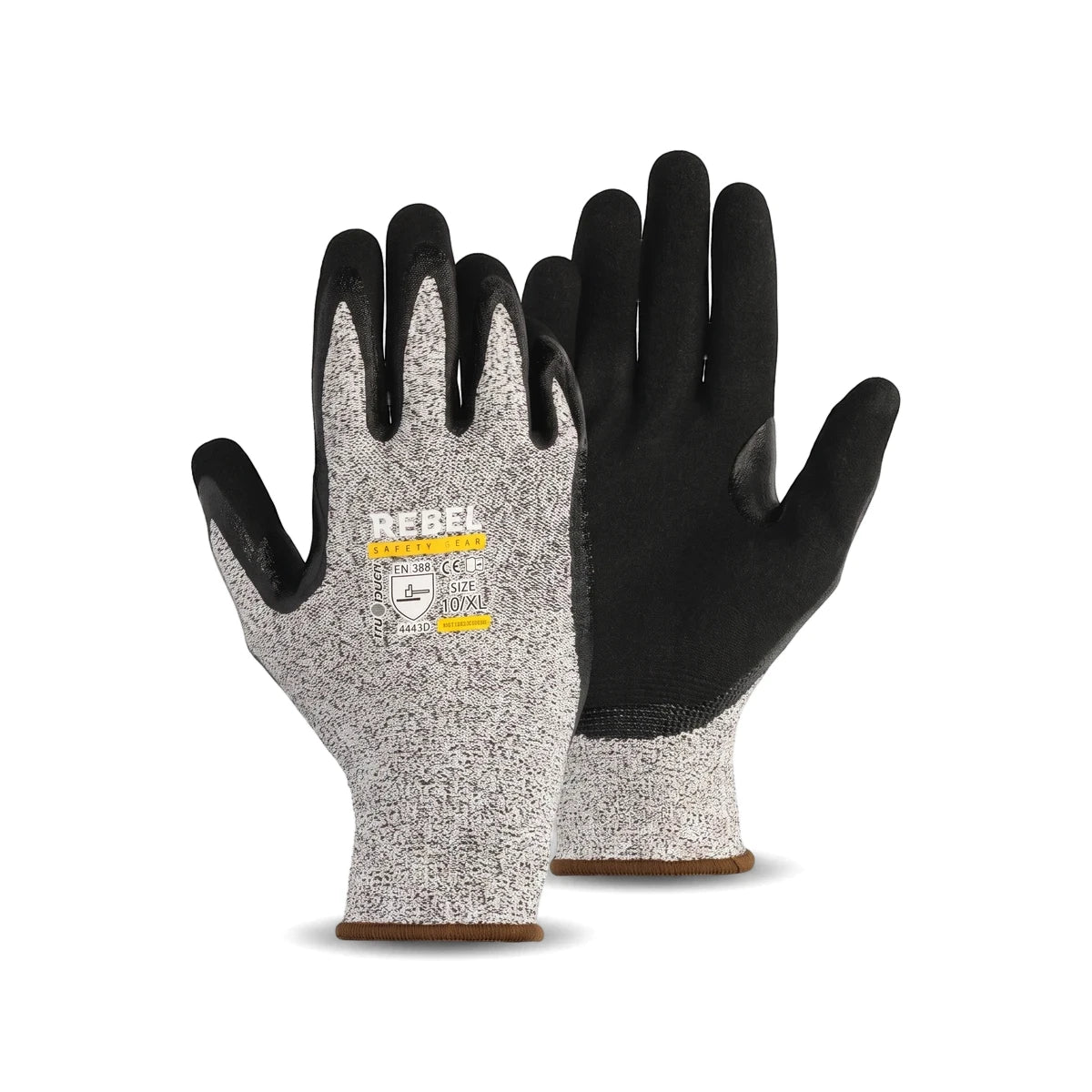 Pair of Rebel black and grey cut-resistant safety gloves, size 10/XL, designed for protection in work environments.
