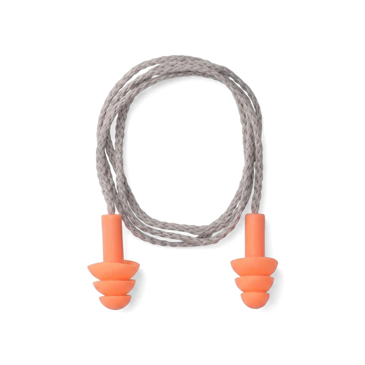 Orange Rebel Eargear corded reusable ear plugs with a gray connecting cord, viewed from above.