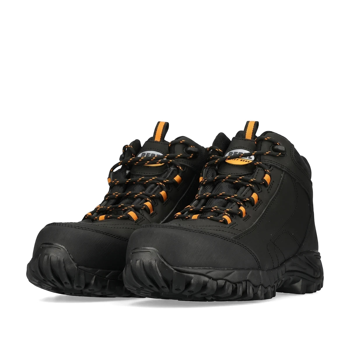 A pair of black Rebel Expedition safety boots with orange laces and rugged soles, displayed against a white background.