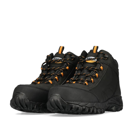 A pair of black Rebel Expedition safety boots with orange laces and rugged soles, displayed against a white background.