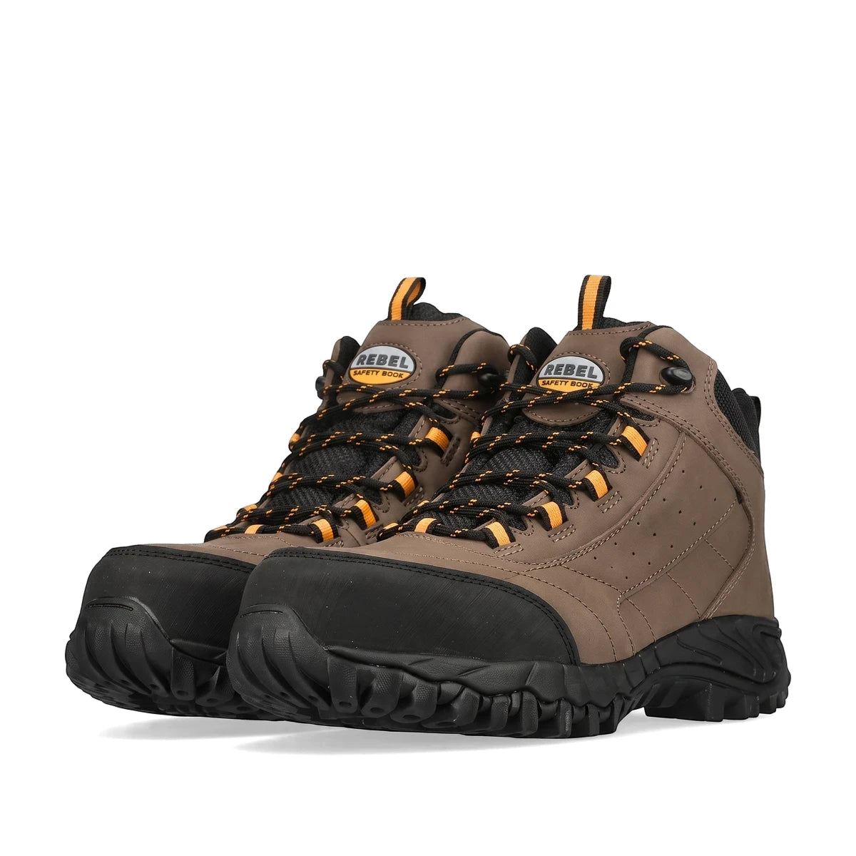 A pair of brown Rebel Expedition Safety Boots, size 11, featuring black protective toe caps, rugged black soles, and orange