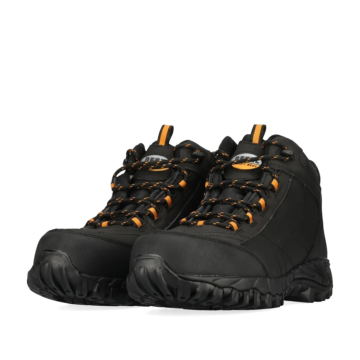 Pair of black Rebel Expedition safety boots with orange laces and rugged soles, shown from a side angle.