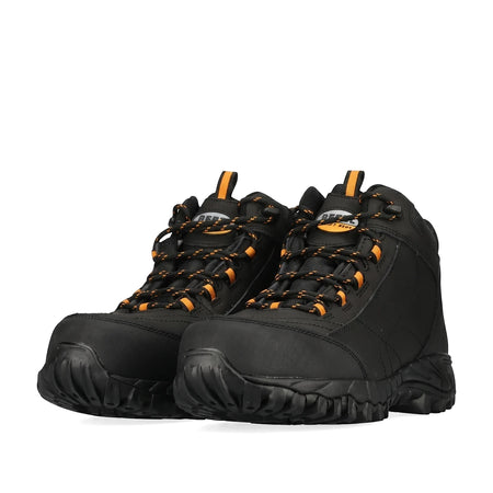 Pair of black Rebel Expedition safety boots with orange laces and rugged soles, shown from a side angle.