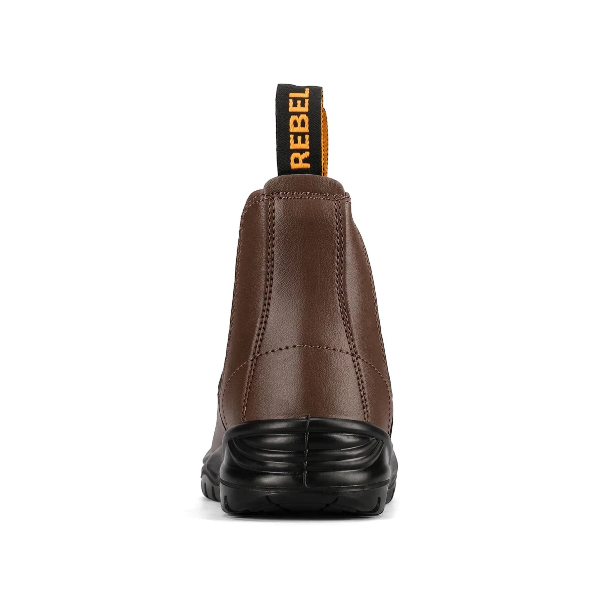 Rear view of a men's Rebel Fx2 Chelsea S1P smooth brown safety boot with a black sole and orange pull tab.