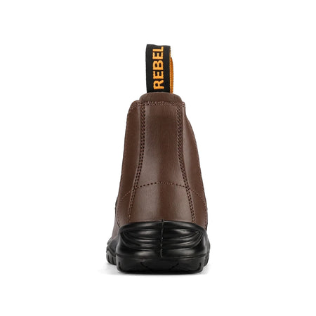 Rear view of a men's Rebel Fx2 Chelsea S1P smooth brown safety boot with a black sole and orange pull tab.