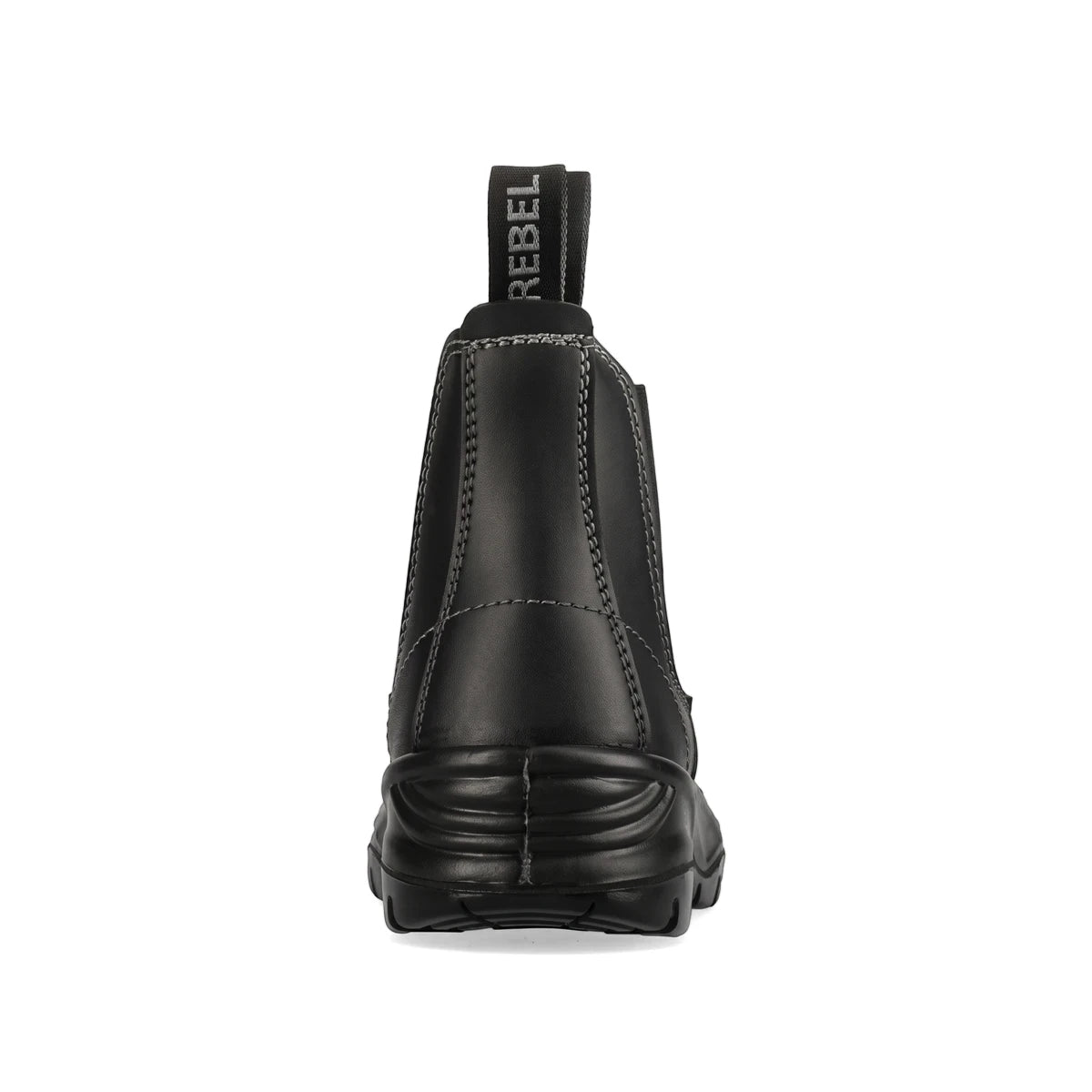 Back view of a black Rebel Fx2 Chelsea S1P Smooth Safety Boot, featuring grey stitching and a pull tab with the 'REBEL' logo.