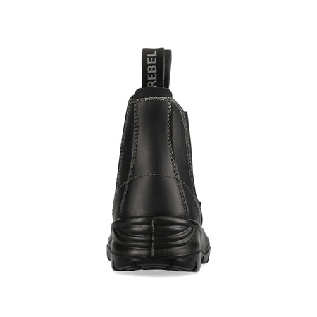 Back view of a black Rebel Fx2 Chelsea S1P Smooth Safety Boot, featuring grey stitching and a pull tab with the 'REBEL' logo.