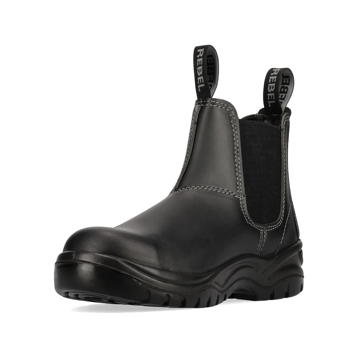 Black Rebel Fx2 Chelsea S1P smooth safety boot with white Rebel branding on pull tabs and a sturdy sole, viewed from a