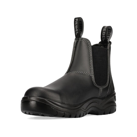 Black Rebel Fx2 Chelsea S1P smooth safety boot with white Rebel branding on pull tabs and a sturdy sole, viewed from a