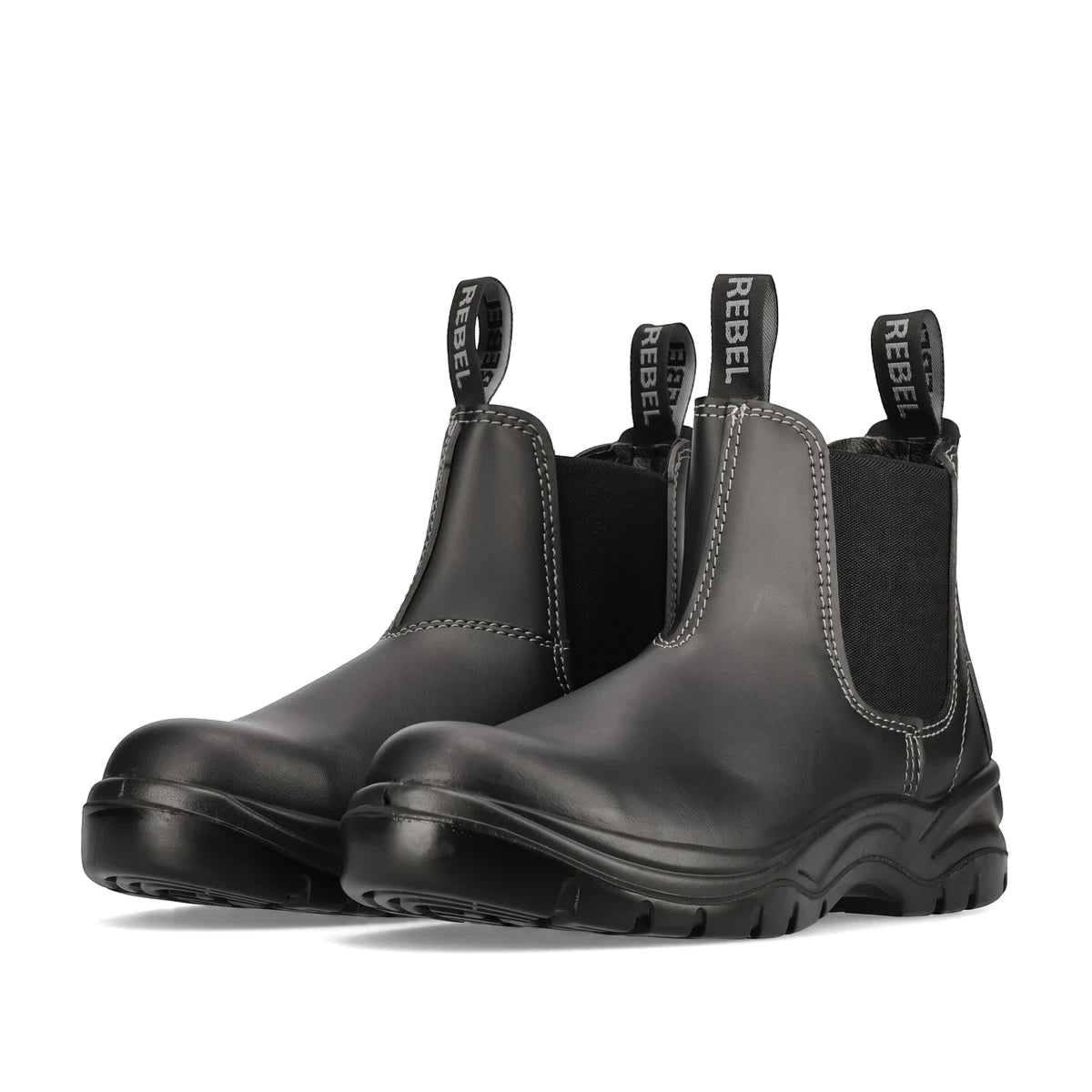 Rebel Fx2 Chelsea S1P Smooth Safety Boots in black, featuring elastic side panels and durable tread soles.