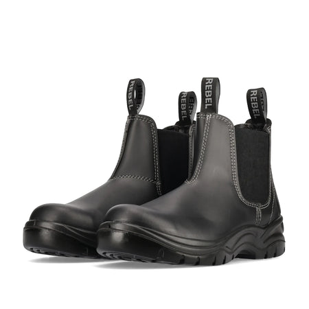 Rebel Fx2 Chelsea S1P Smooth Safety Boots in black, featuring elastic side panels and durable tread soles.
