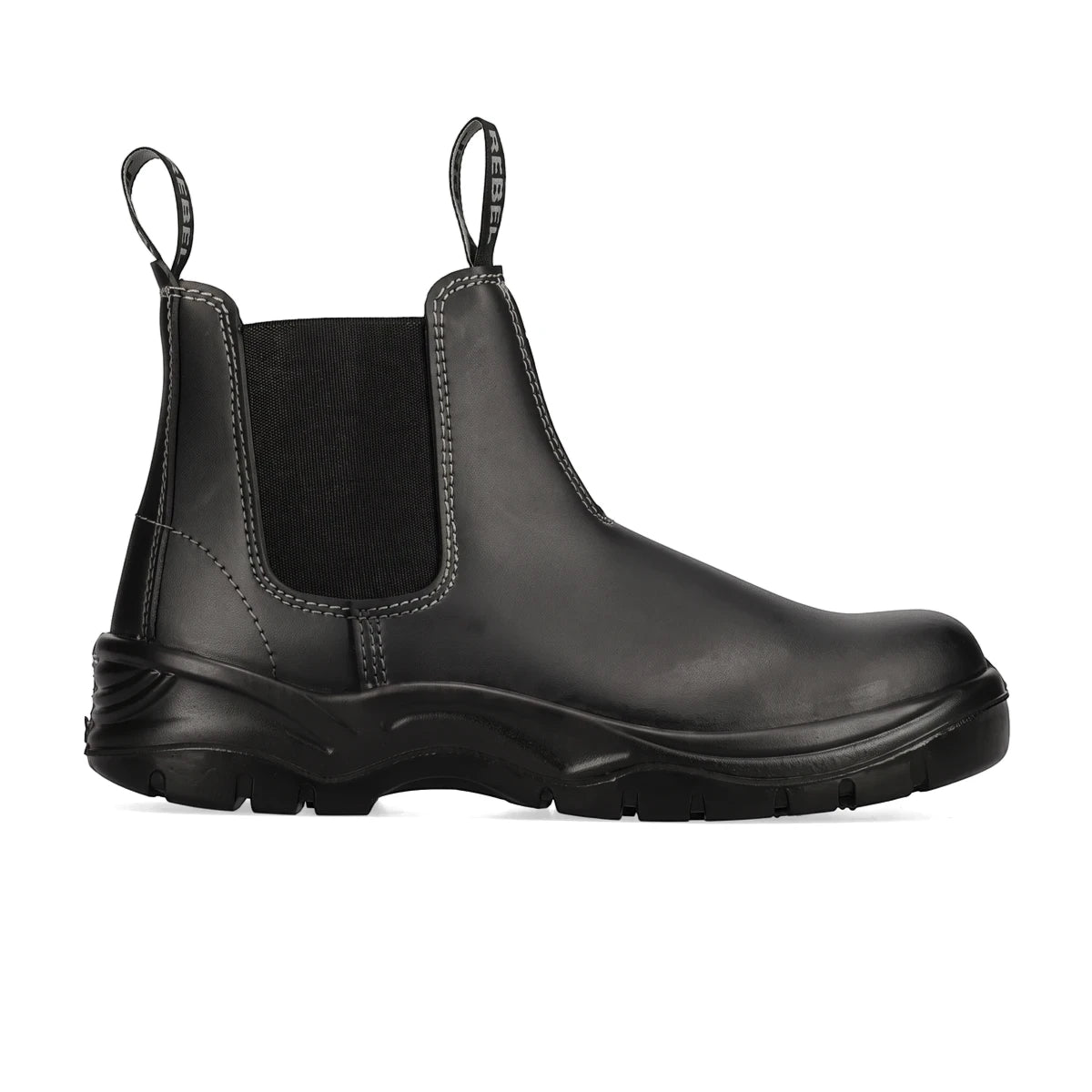 Black Rebel Fx2 Chelsea S1P smooth safety boot, shown in a side profile view with elastic side panels and a lug sole.