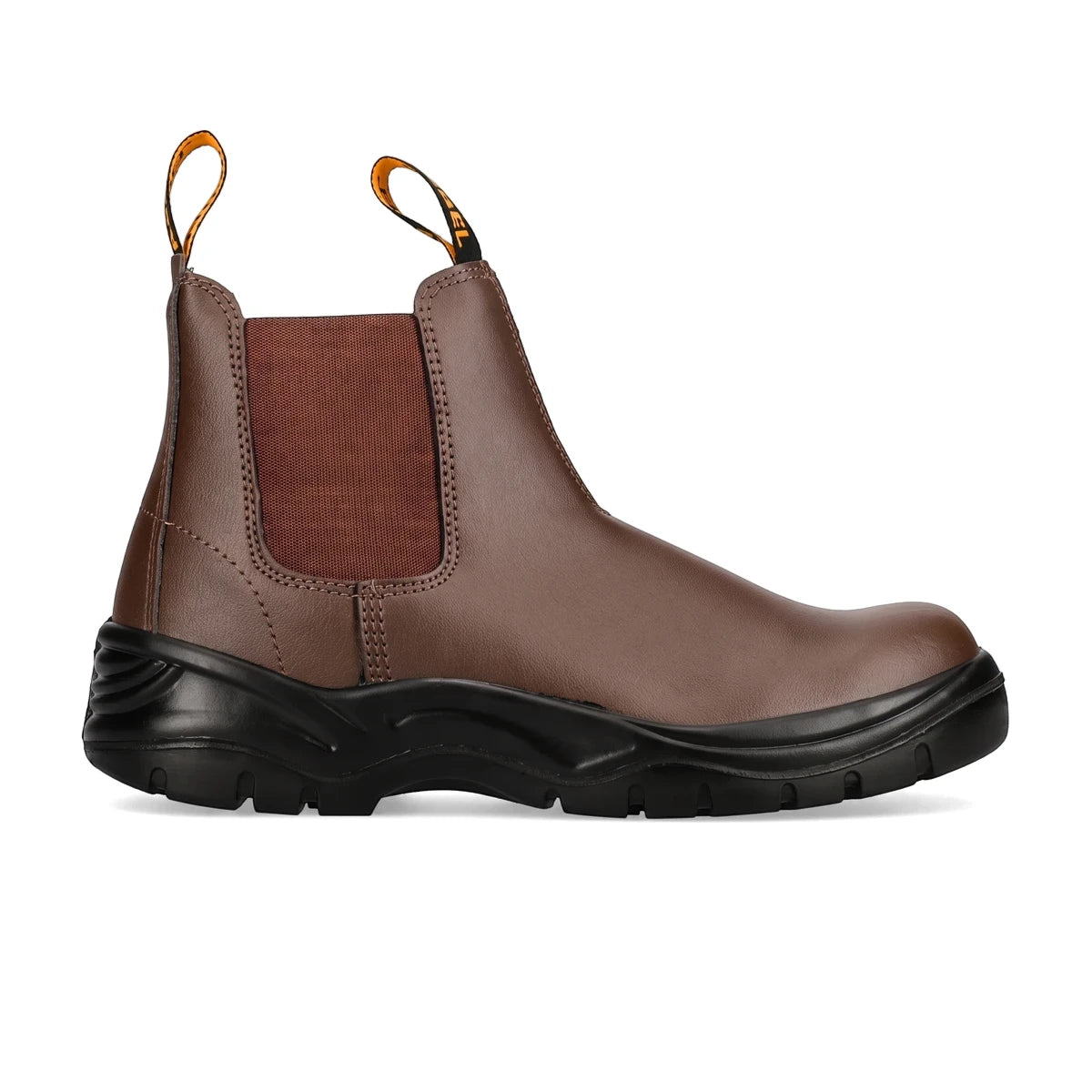 Rebel Fx2 Chelsea S1P Smooth Safety Boot in brown leather, featuring elastic side panels, a durable black sole, and yellow