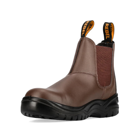 Brown leather Rebel Fx2 Chelsea S1P smooth safety boot with black sole and elastic side panels, viewed from an angle.