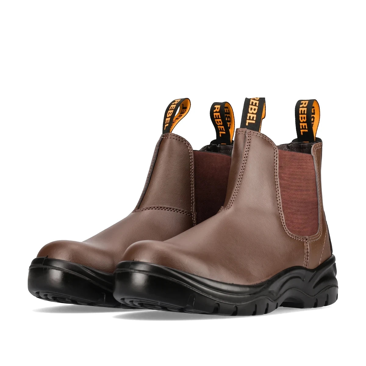 Pair of brown Rebel Fx2 Chelsea S1P smooth leather safety boots with black soles and yellow pull tabs.