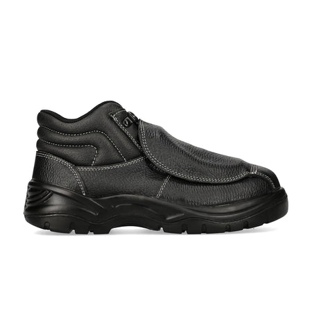 Side view of a black Rebel Fx2 Metatarsal S1P safety boot made from textured leather with white stitching and a durable sole.