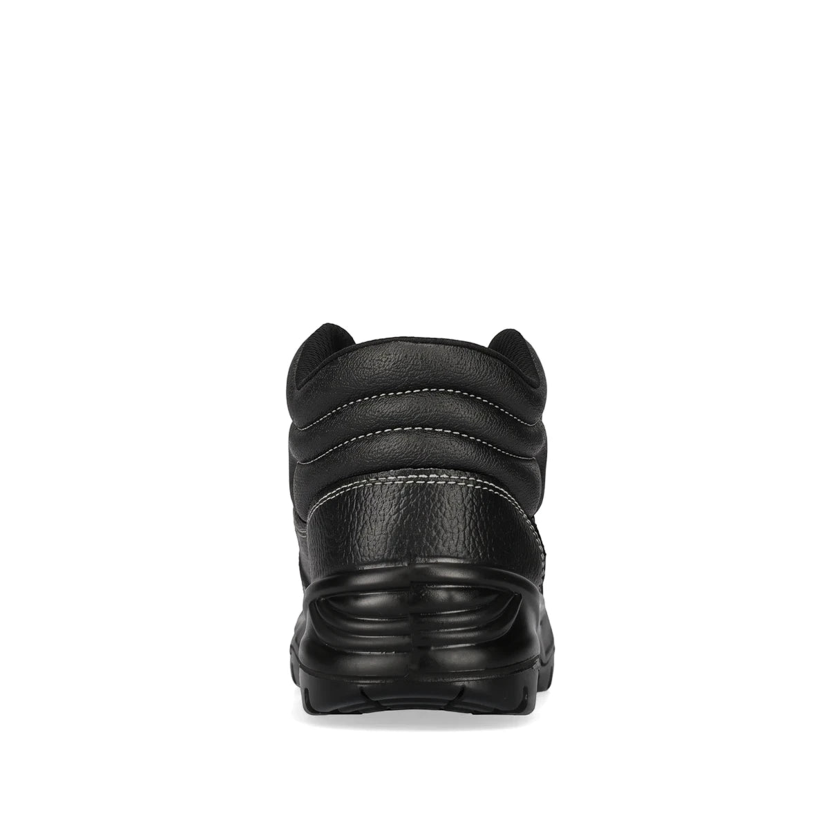 Rear view of a black Rebel Fx2 Metatarsal S1P Safety Boot, featuring textured leather and a robust, multi-layered sole.