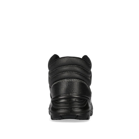 Rear view of a black Rebel Fx2 Metatarsal S1P Safety Boot, featuring textured leather and a robust, multi-layered sole.