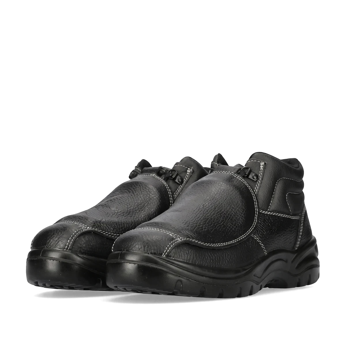Pair of black Rebel Fx2 Metatarsal S1P safety boots, featuring white contrast stitching and a protective metatarsal guard,