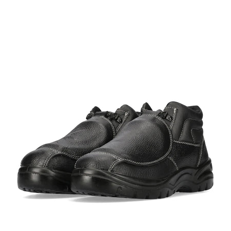 Pair of black Rebel Fx2 Metatarsal S1P safety boots, featuring white contrast stitching and a protective metatarsal guard,