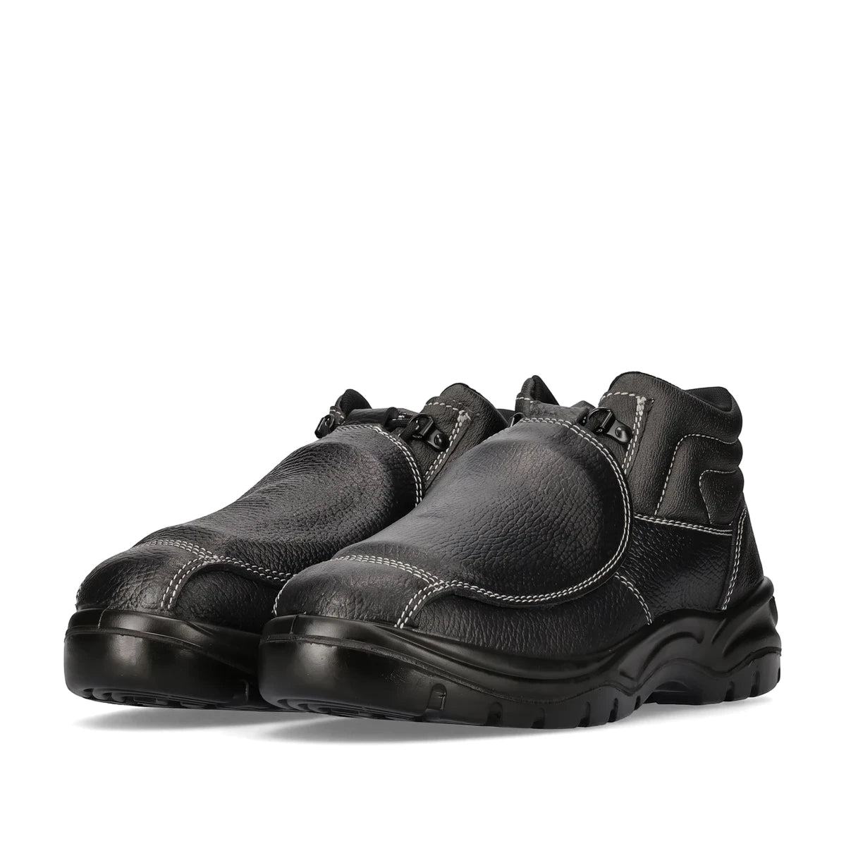 A pair of black Rebel Fx2 Metatarsal S1P safety boots with textured leather, white contrast stitching, and durable black