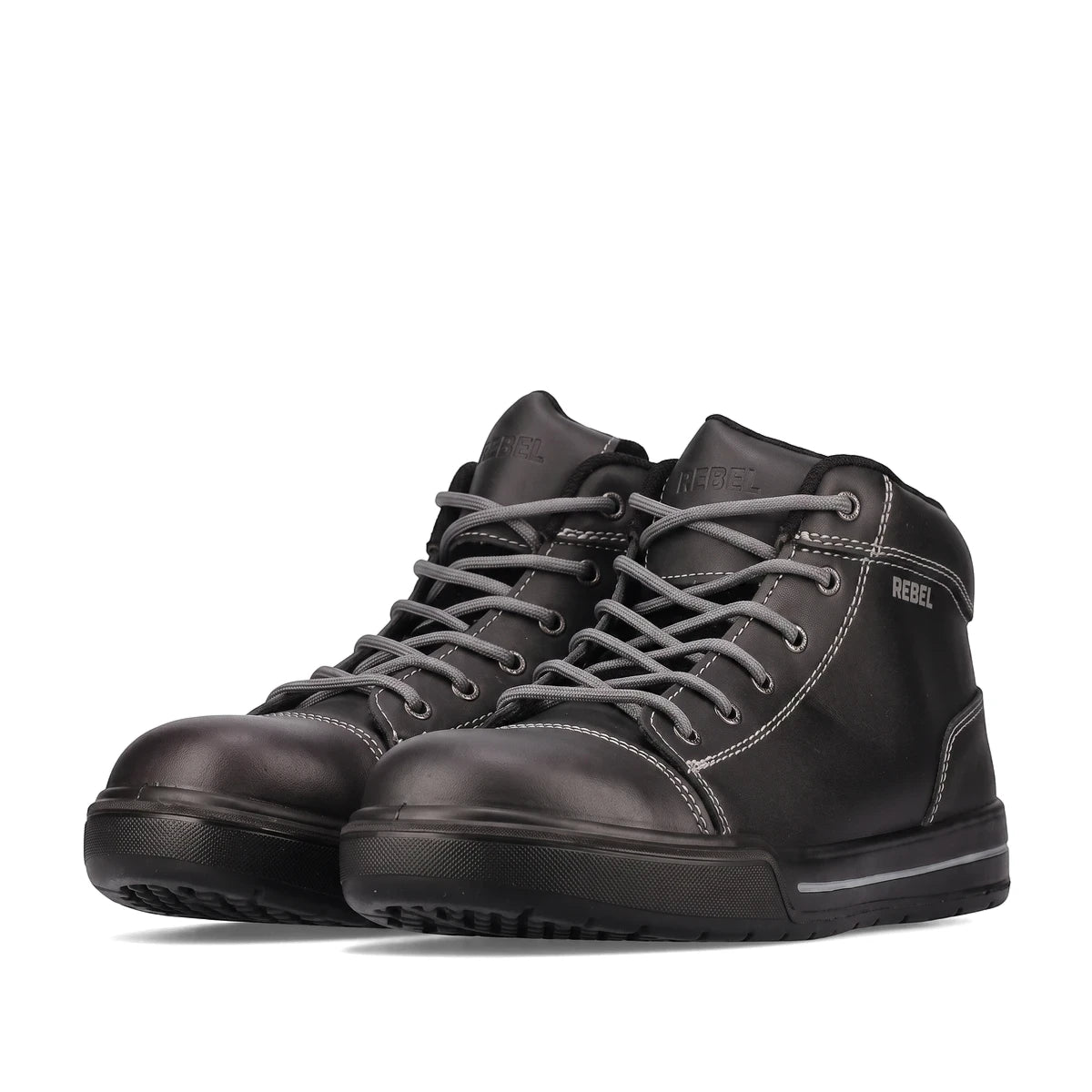 Pair of black Rebel Hi-Top Safety Boots, featuring gray laces and prominent white contrast stitching, shown from a side