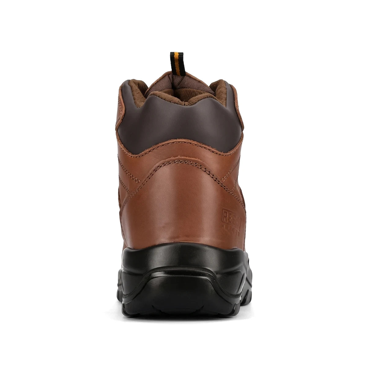 Rebel Hiker Hi Safety Boot in brown leather with a black sole and yellow accent, shown from the back view.