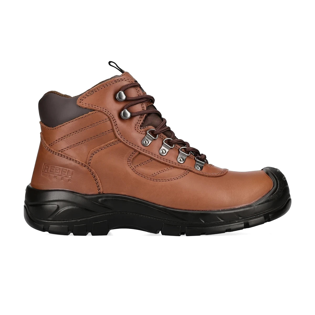 Rebel Hiker Hi Safety Boot in brown leather with a black sole and toe cap, shown from a side profile.
