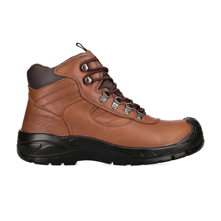Rebel Hiker Hi Safety Boot in brown leather with a black sole and toe cap, shown from a side profile.