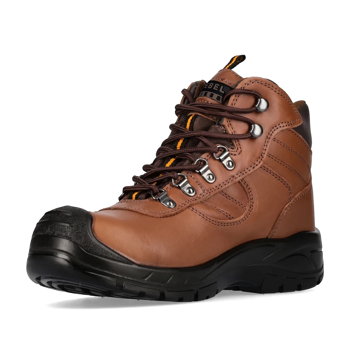 Brown leather Rebel Hiker Hi Safety Boot with black toe cap and sole, shown from a side view.