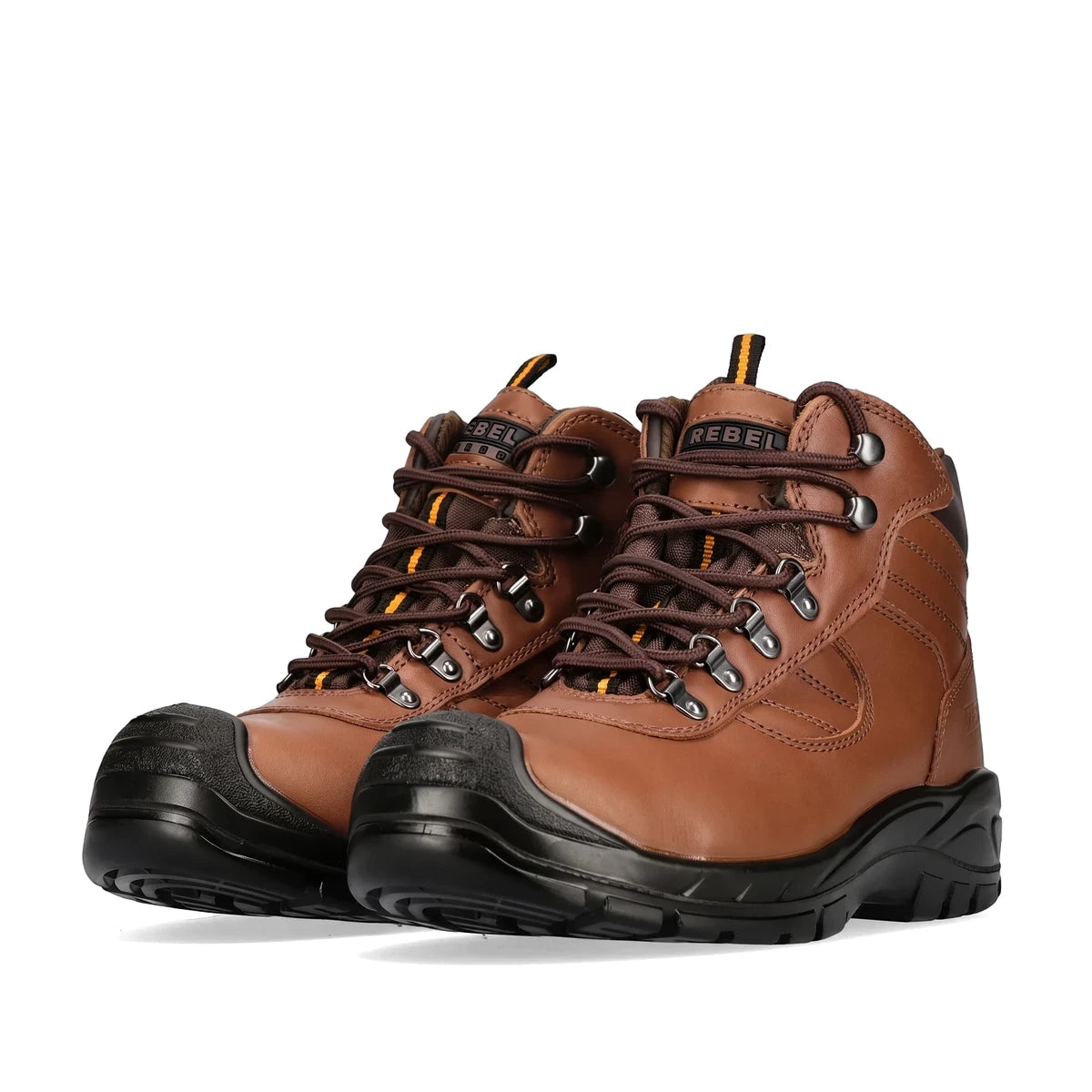 A pair of brown leather Rebel Hiker Hi Safety Boots with black toe caps and soles, designed for work and safety.