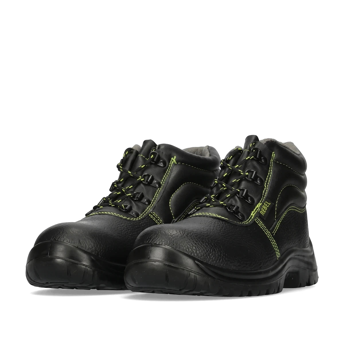 Pair of black Rebel Kontrakta safety boots with neon green laces and contrast stitching, sturdy high-top design for workwear.