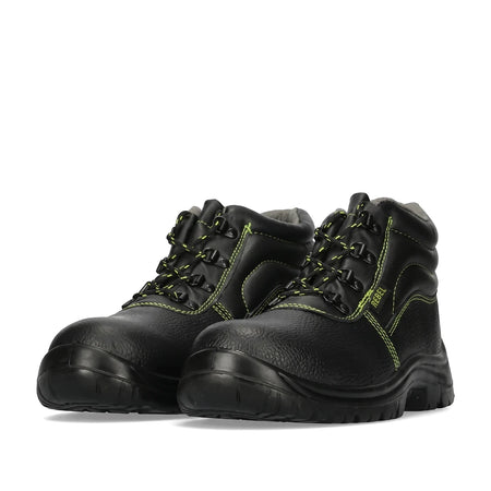 Pair of black Rebel Kontrakta safety boots with neon green laces and contrast stitching, sturdy high-top design for workwear.