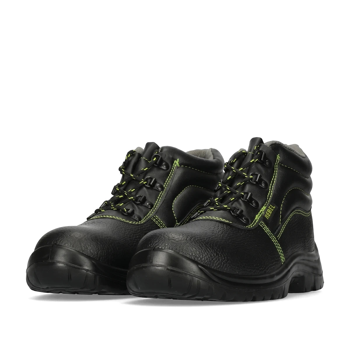 Pair of black Rebel Kontrakta safety boots with neon green laces and stitching, presented in a studio shot.