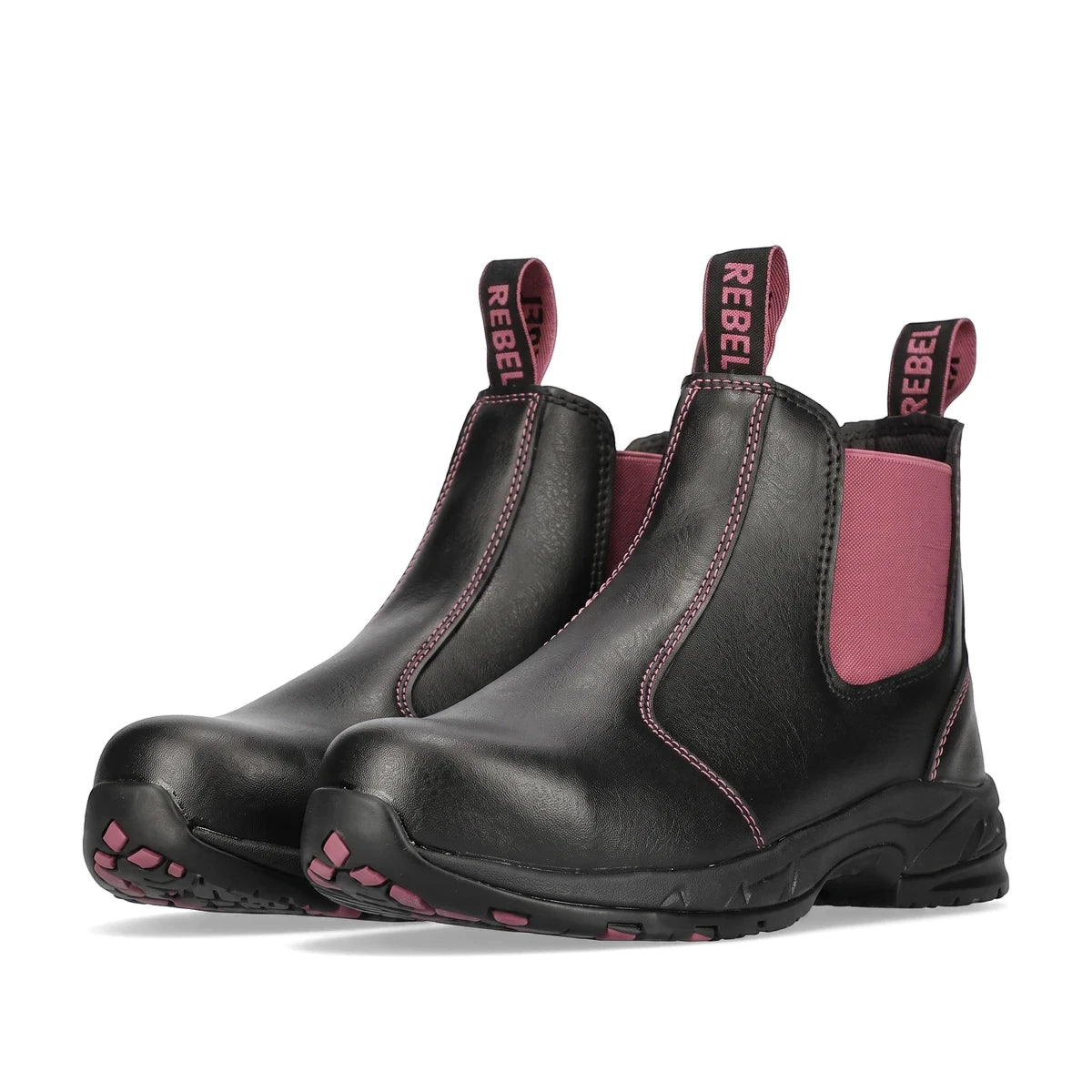 Black and pink Rebel Ladies Chelsea Safety Boots, featuring elastic side panels, pull tabs with branding, and steel toe