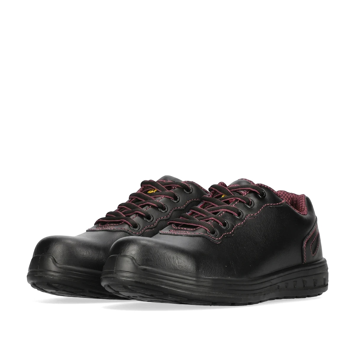 Rebel Ladies Lace-Up Safety Shoe pair in black leather, low-cut work shoes with red-accent laces, angled view.