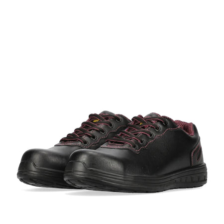 Rebel Ladies Lace-Up Safety Shoe pair in black leather, low-cut work shoes with red-accent laces, angled view.