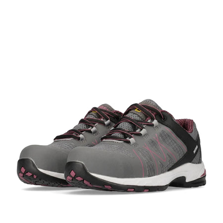 A pair of Rebel Ladies Light Industrial Safety Shoes in grey with pink accents, shown from a side view, featuring black toe