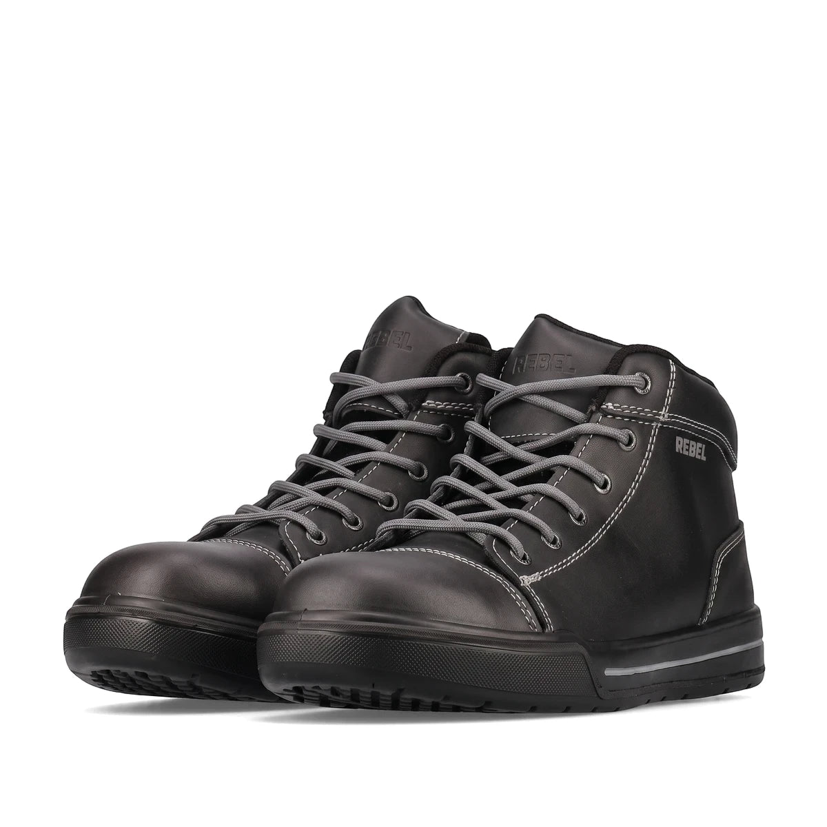 Rebel Lo-Top Safety Shoe in charcoal black with grey laces and white stitching, seen from a slight angle.