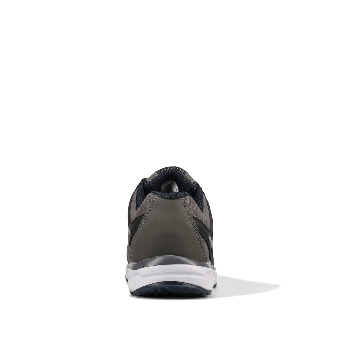 Rear view of a dark grey and black Rebel Mens Light Industrial Safety Shoe featuring a white midsole and black outsole.