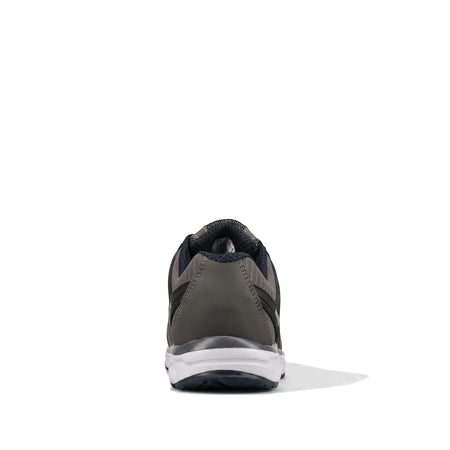 Rear view of a dark grey and black Rebel Mens Light Industrial Safety Shoe featuring a white midsole and black outsole.